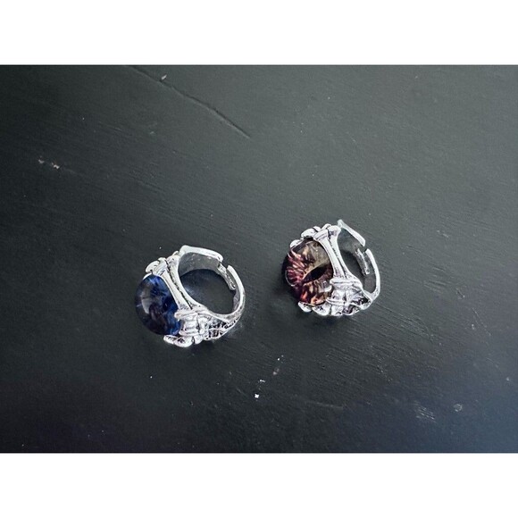 Dragon Eye Mens Ring Adjustable Yellow Blue Silver Metal Gothic Cosplay Set of 2 - Picture 6 of 8
